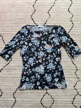 Floral Boatneck Women's Top - Black with Blue & Peach Blooms
